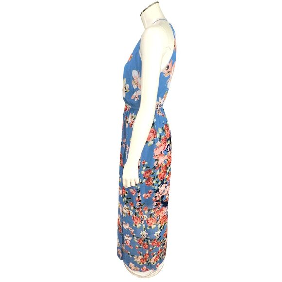 Sweet Storm S Blue Floral Halter Keyhole Lined Maxi Sundress Summer Boho Y2K 90s - Picture 3 of 13